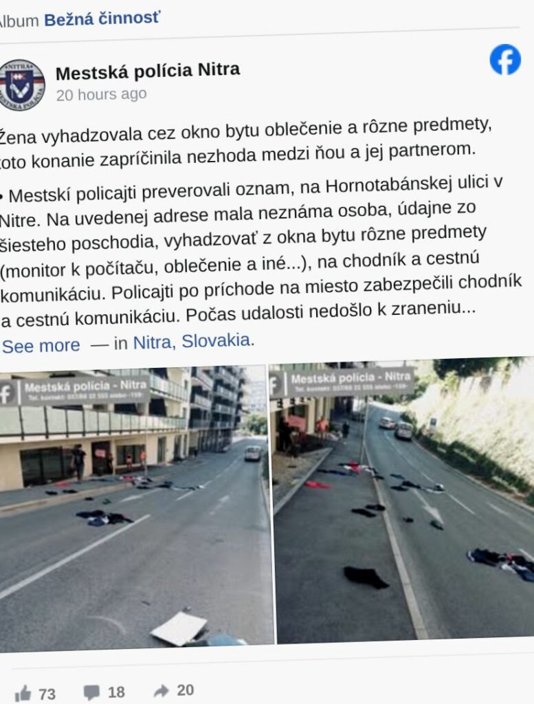 Kobieta wyrzuca ubrania i monitor partnera z okna na szóstym piętrze w słowackim mieście