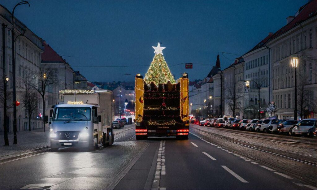 Nie tylko tramwaje i autobusy: świąteczna śmieciarka również rozświetla Bratysławę